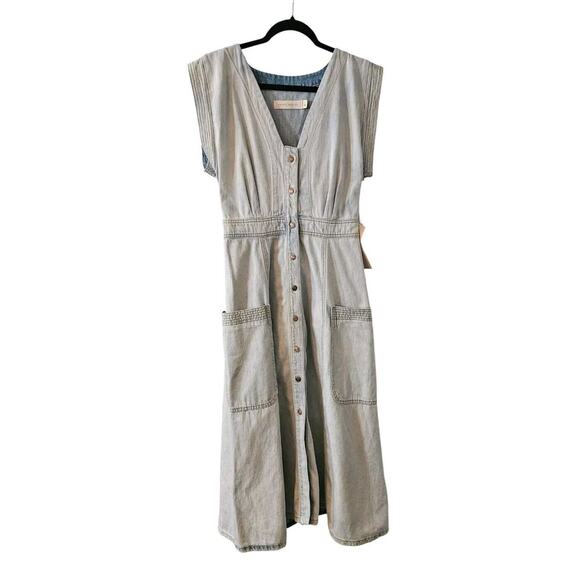 Happy X Nature Kate Hudson NWT Glide Light Wash Denim Midi Dress Size 2 Pockets - Picture 1 of 10